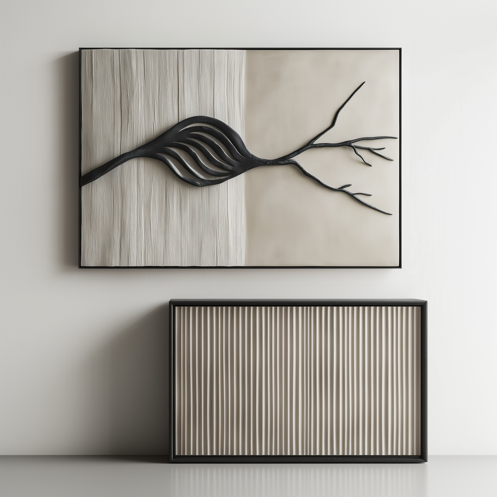 Textured oil painting of an abstract leaf and branch with black and beige tones