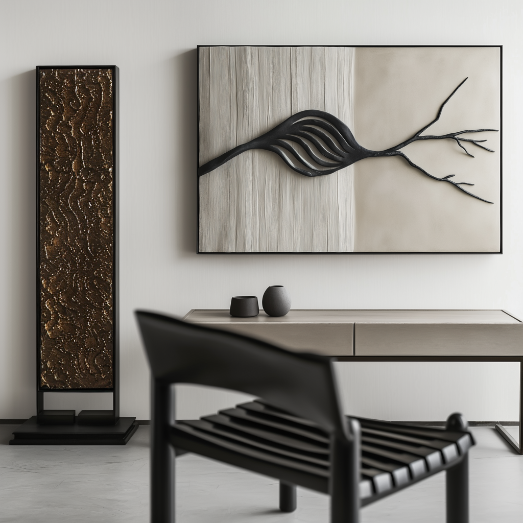 Textured oil painting of an abstract leaf and branch with black and beige tones