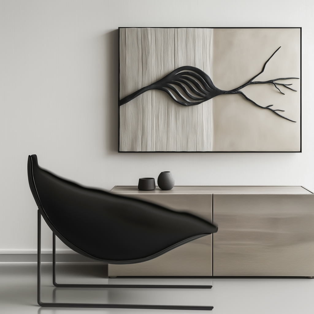 Textured oil painting of an abstract leaf and branch with black and beige tones