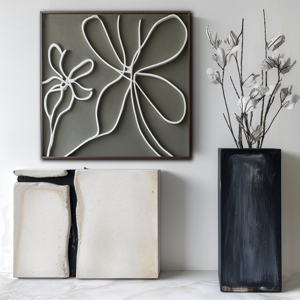 Abstract minimalist oil painting of white flowers with flowing lines on a soft gray background