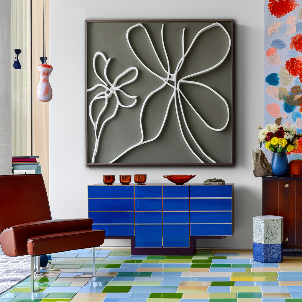 Abstract minimalist oil painting of white flowers with flowing lines on a soft gray background