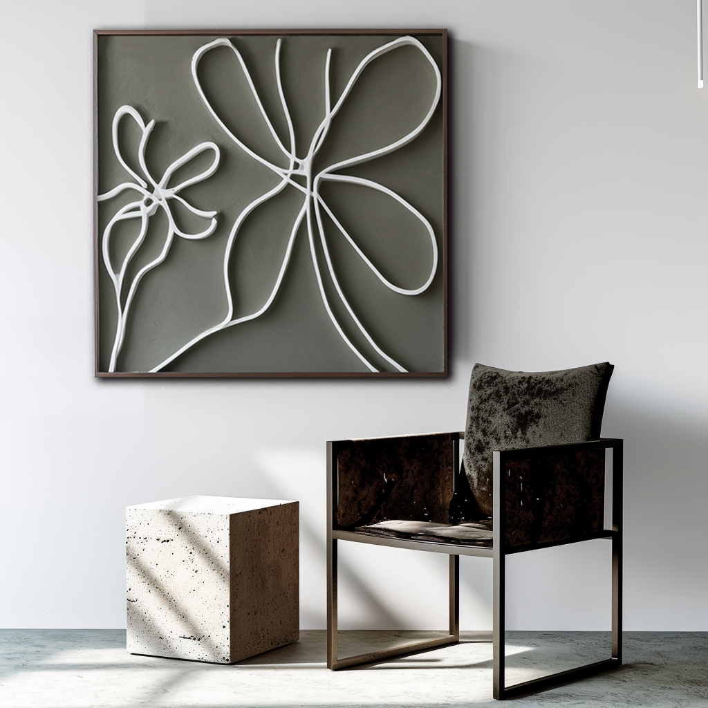 Abstract minimalist oil painting of white flowers with flowing lines on a soft gray background