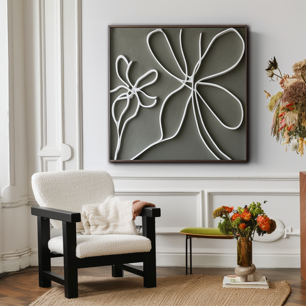 Abstract minimalist oil painting of white flowers with flowing lines on a soft gray background