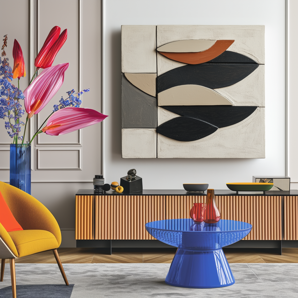 Minimalist oil painting of abstract geometric leaves in beige, black, and terracotta on a soft cream and gray background