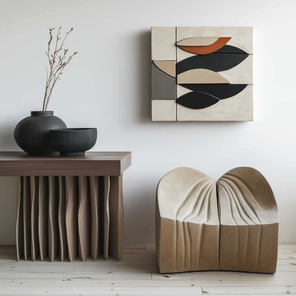 Minimalist oil painting of abstract geometric leaves in beige, black, and terracotta on a soft cream and gray background