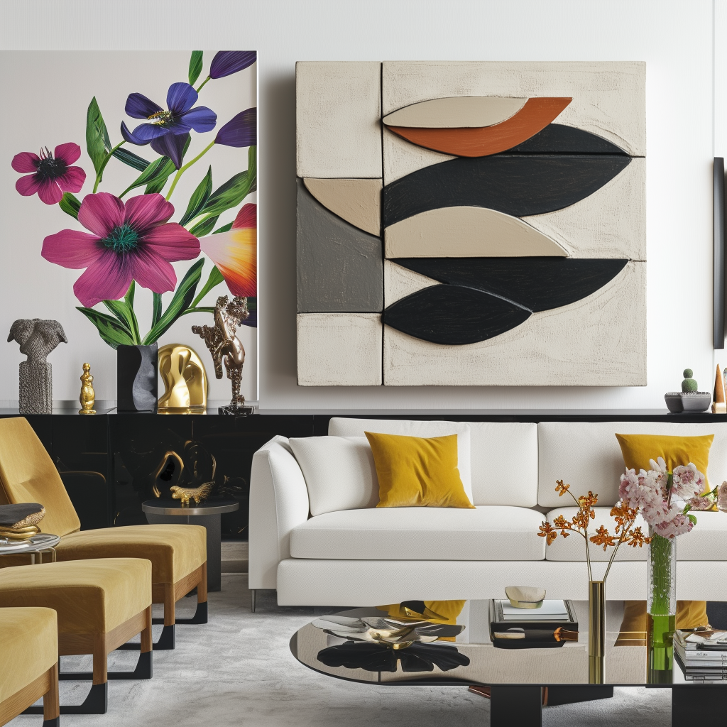 Minimalist oil painting of abstract geometric leaves in beige, black, and terracotta on a soft cream and gray background