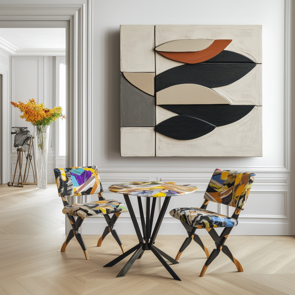 Minimalist oil painting of abstract geometric leaves in beige, black, and terracotta on a soft cream and gray background