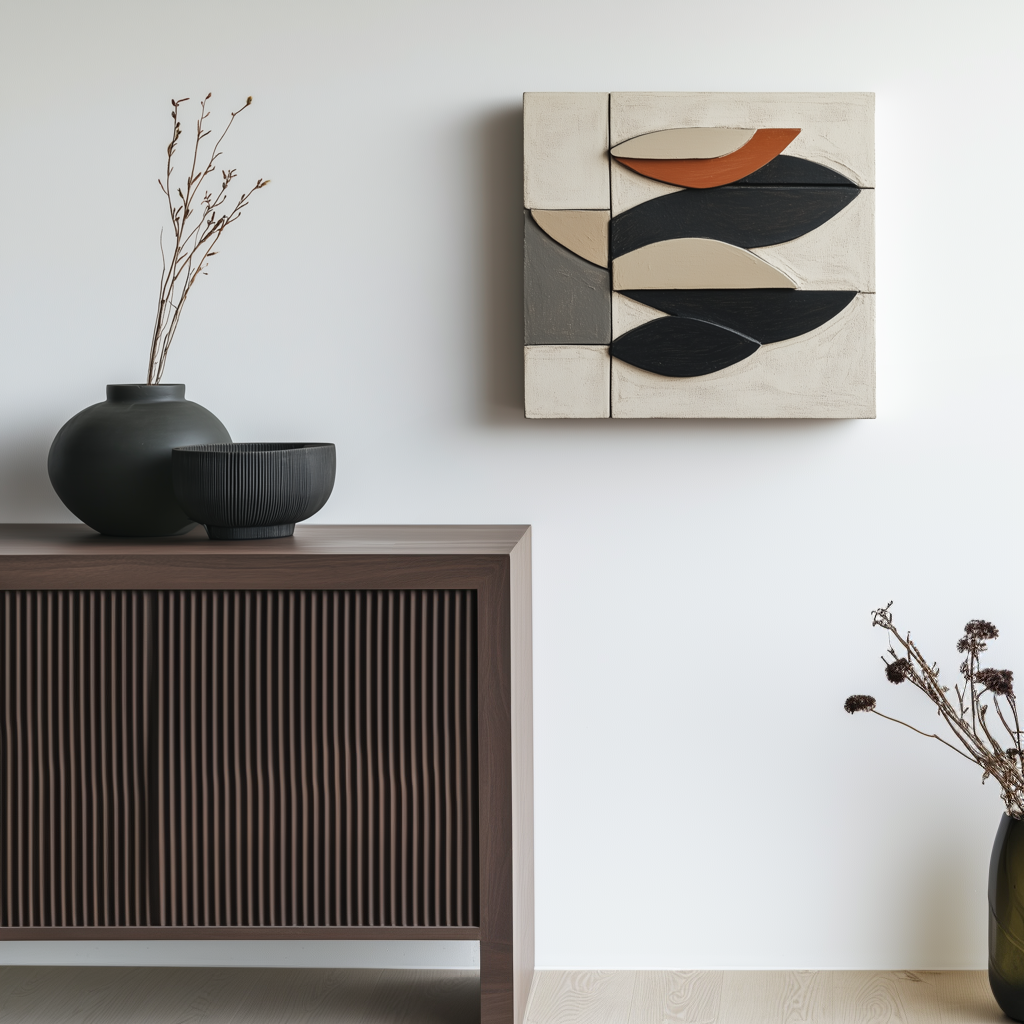 Minimalist oil painting of abstract geometric leaves in beige, black, and terracotta on a soft cream and gray background