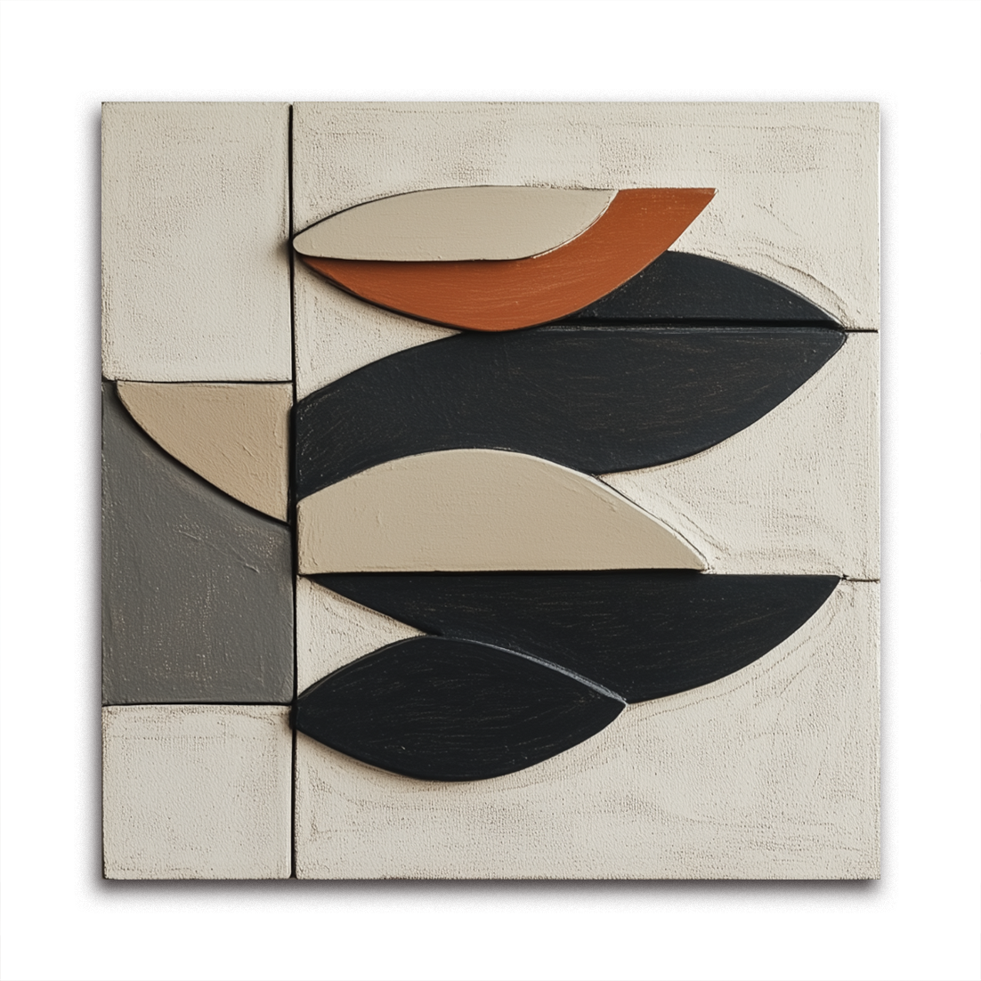 Minimalist oil painting of abstract geometric leaves in beige, black, and terracotta on a soft cream and gray background