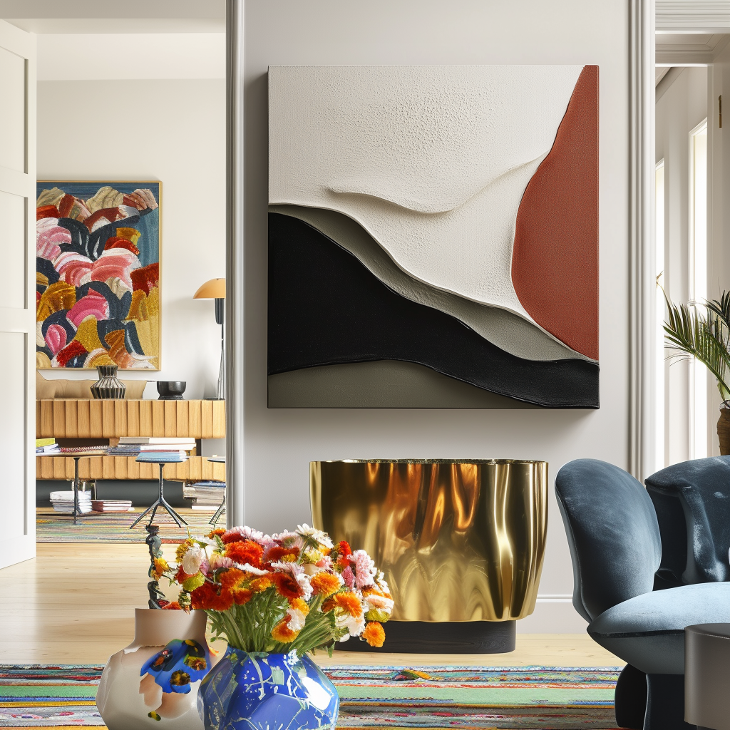 Minimalist oil painting of abstract flowing shapes in white, black, and rust with textured surface