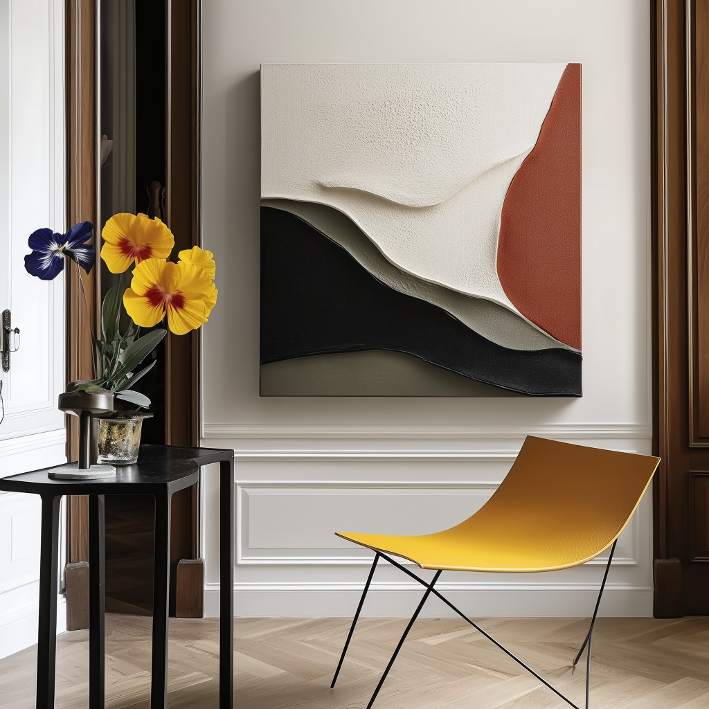 Minimalist oil painting of abstract flowing shapes in white, black, and rust with textured surface