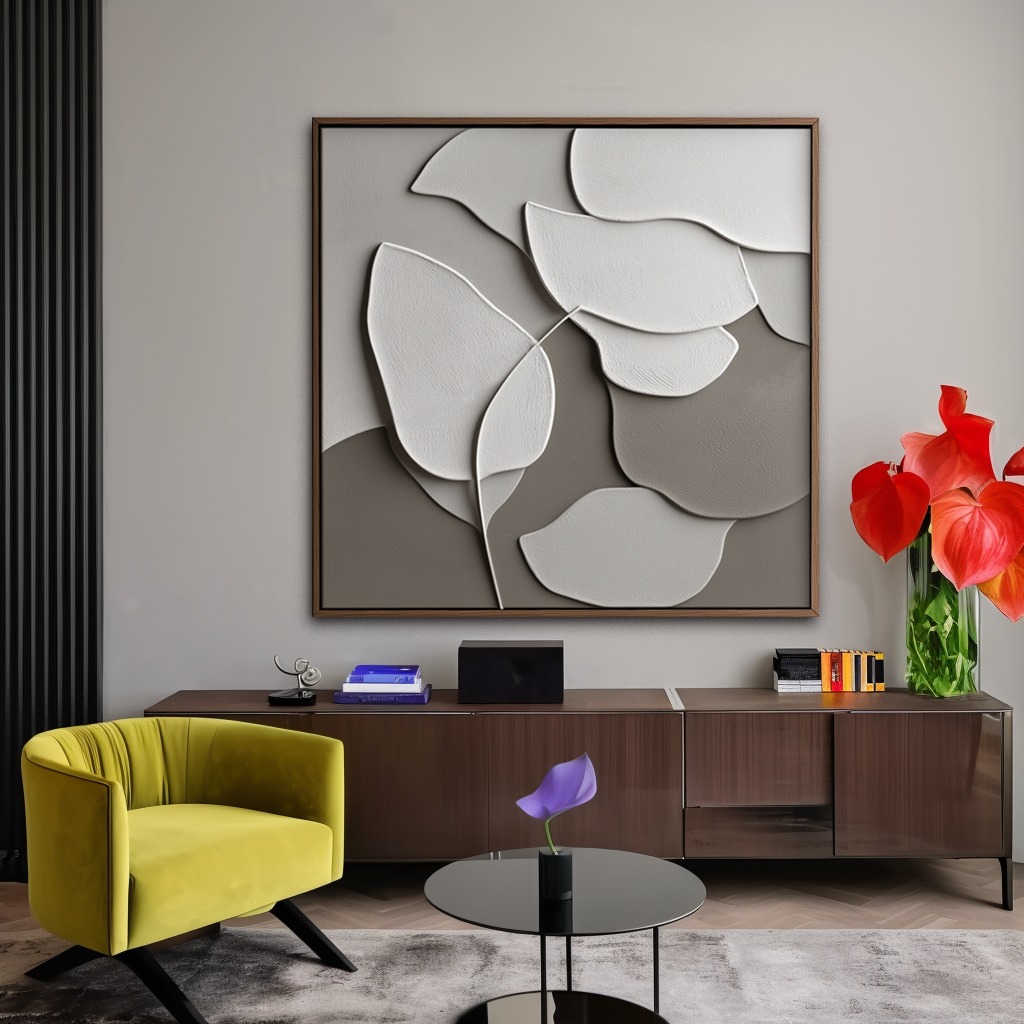 Minimalist abstract oil painting of textured leaves in white and beige on a gradient background