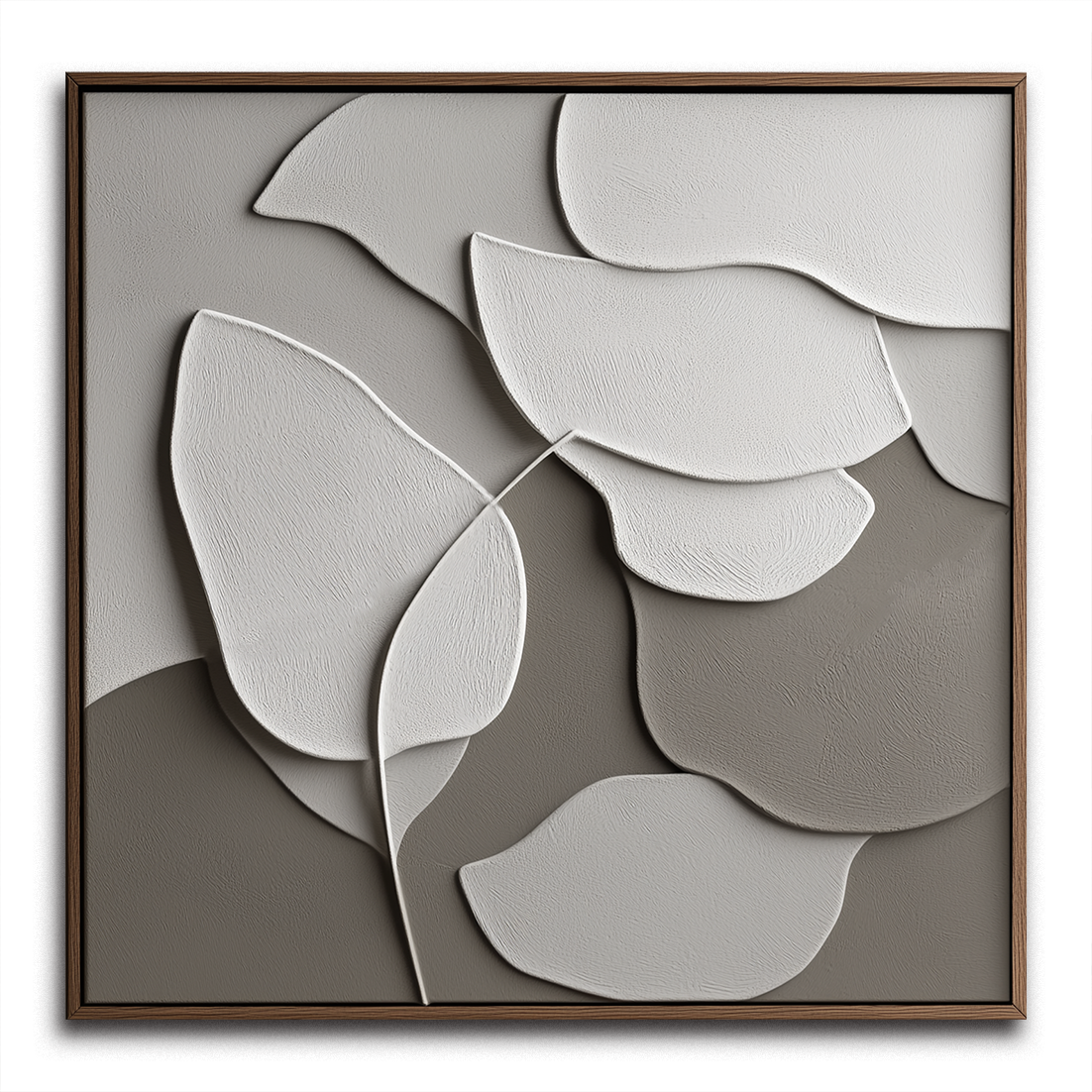 Minimalist abstract oil painting of textured leaves in white and beige on a gradient background