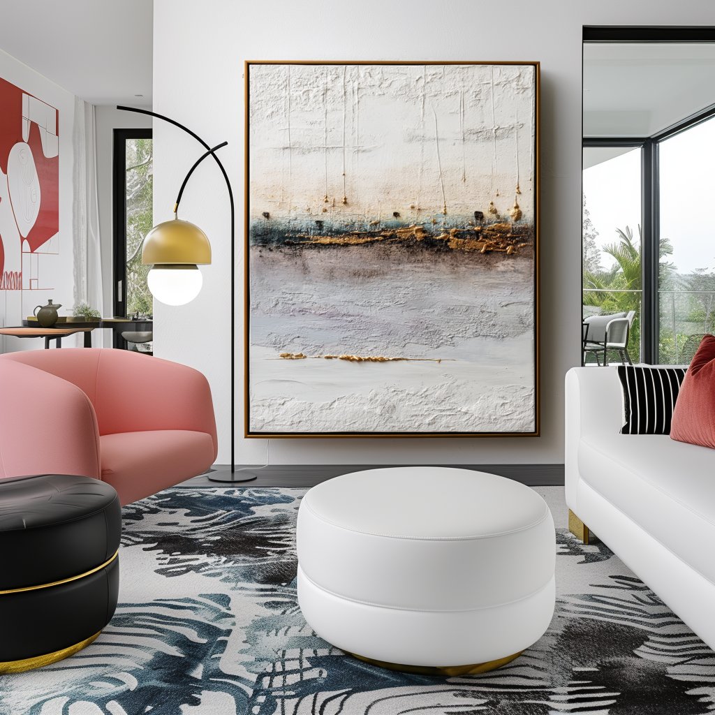 Abstract oil painting with gold accents, neutral tones, and textured strokes, modern minimalist art