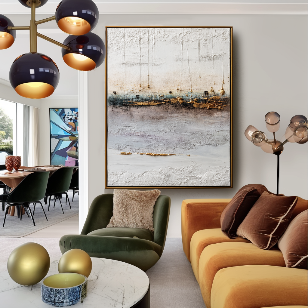 Abstract oil painting with gold accents, neutral tones, and textured strokes, modern minimalist art