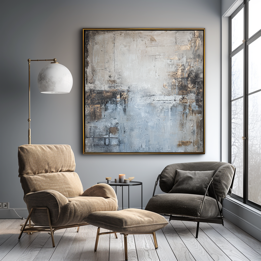 Abstract oil painting with soft blues, grays, and gold accents, minimalist art
