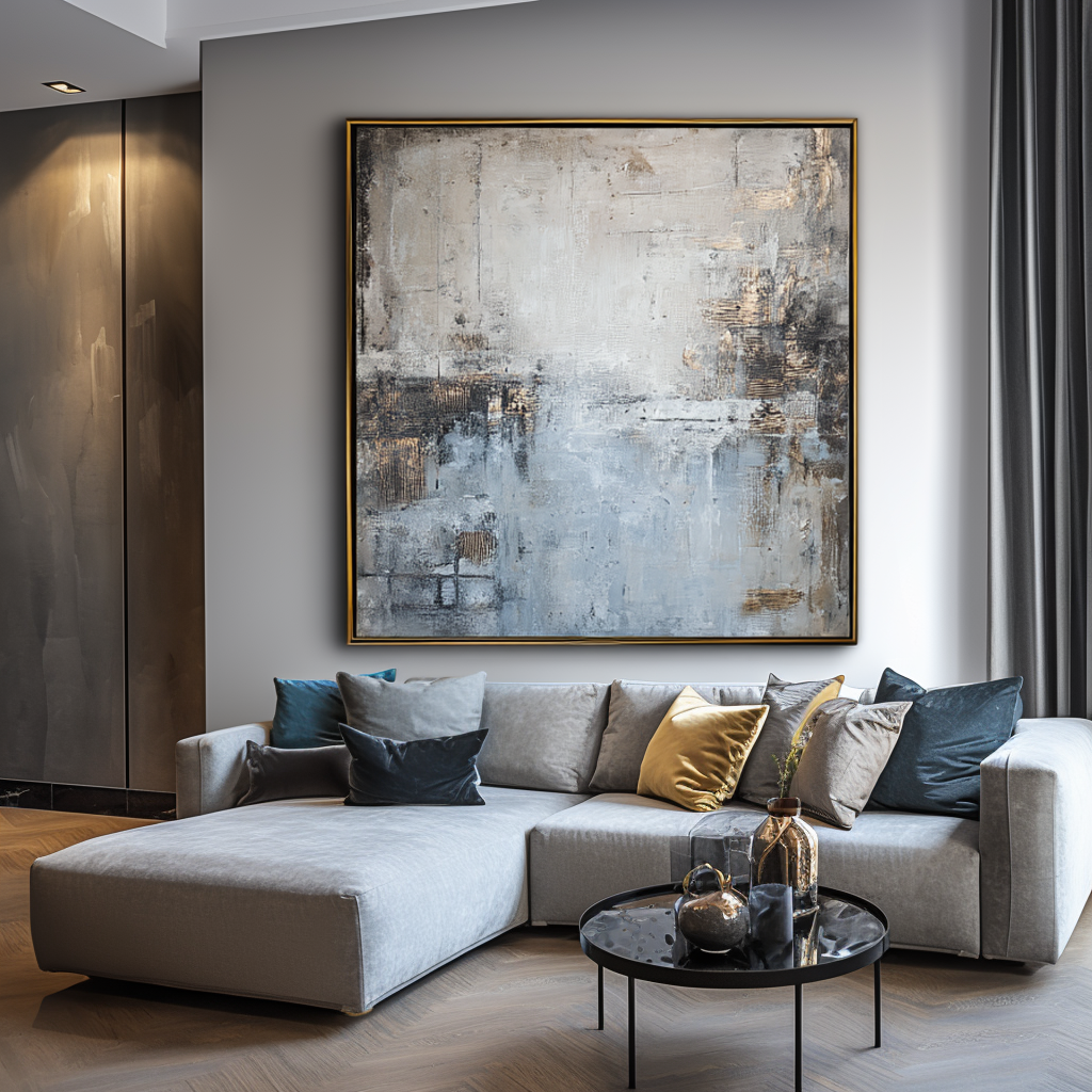 Abstract oil painting with soft blues, grays, and gold accents, minimalist art