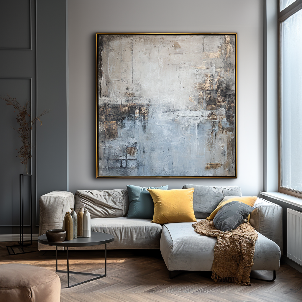 Abstract oil painting with soft blues, grays, and gold accents, minimalist art