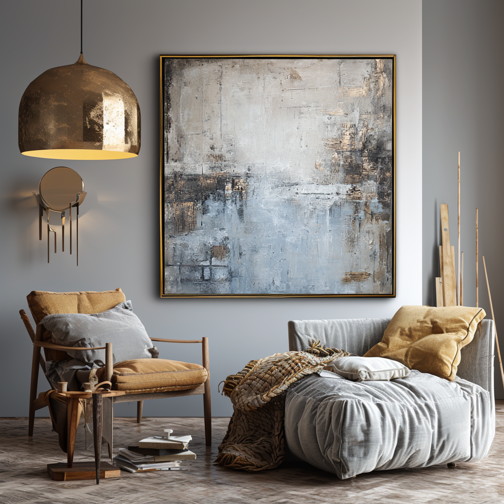 Abstract oil painting with soft blues, grays, and gold accents, minimalist art