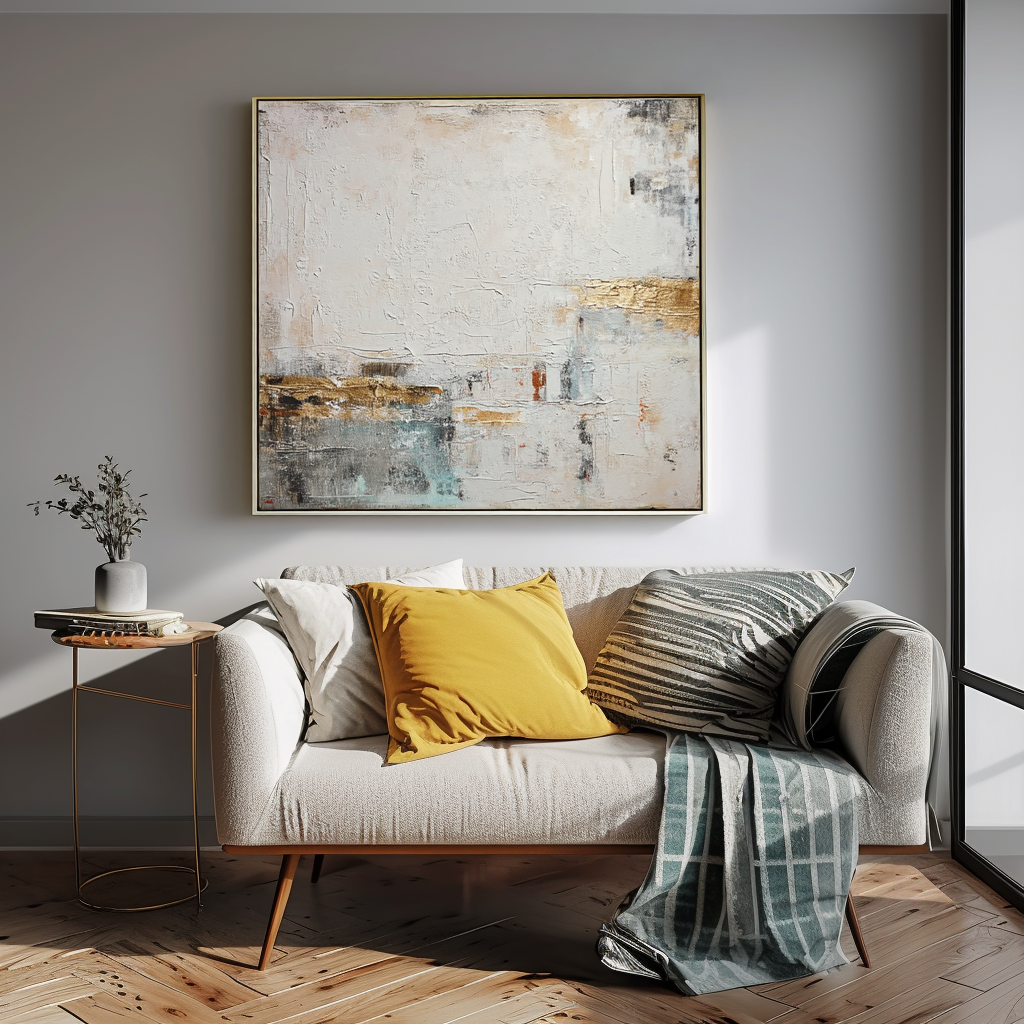 Abstract oil painting with gold accents, soft whites, and cool tones, minimalist modern art