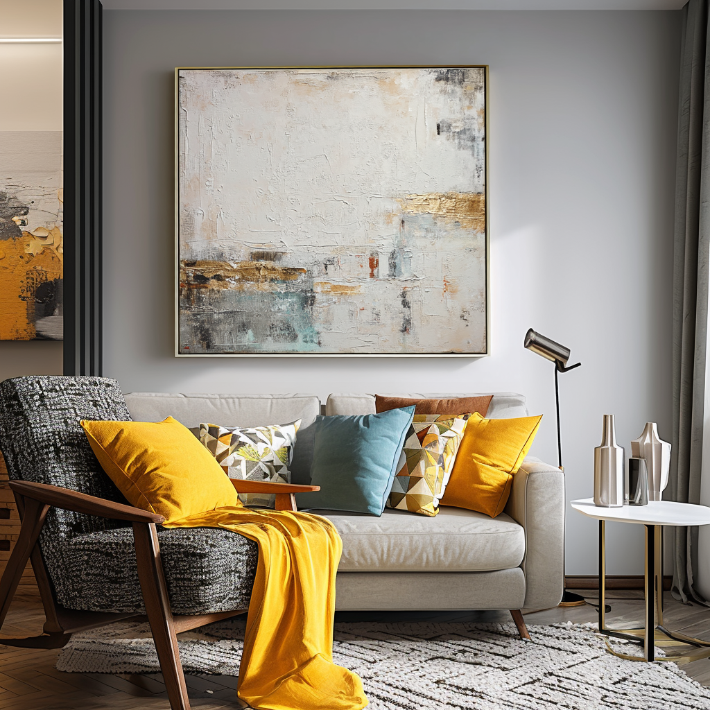 Abstract oil painting with gold accents, soft whites, and cool tones, minimalist modern art