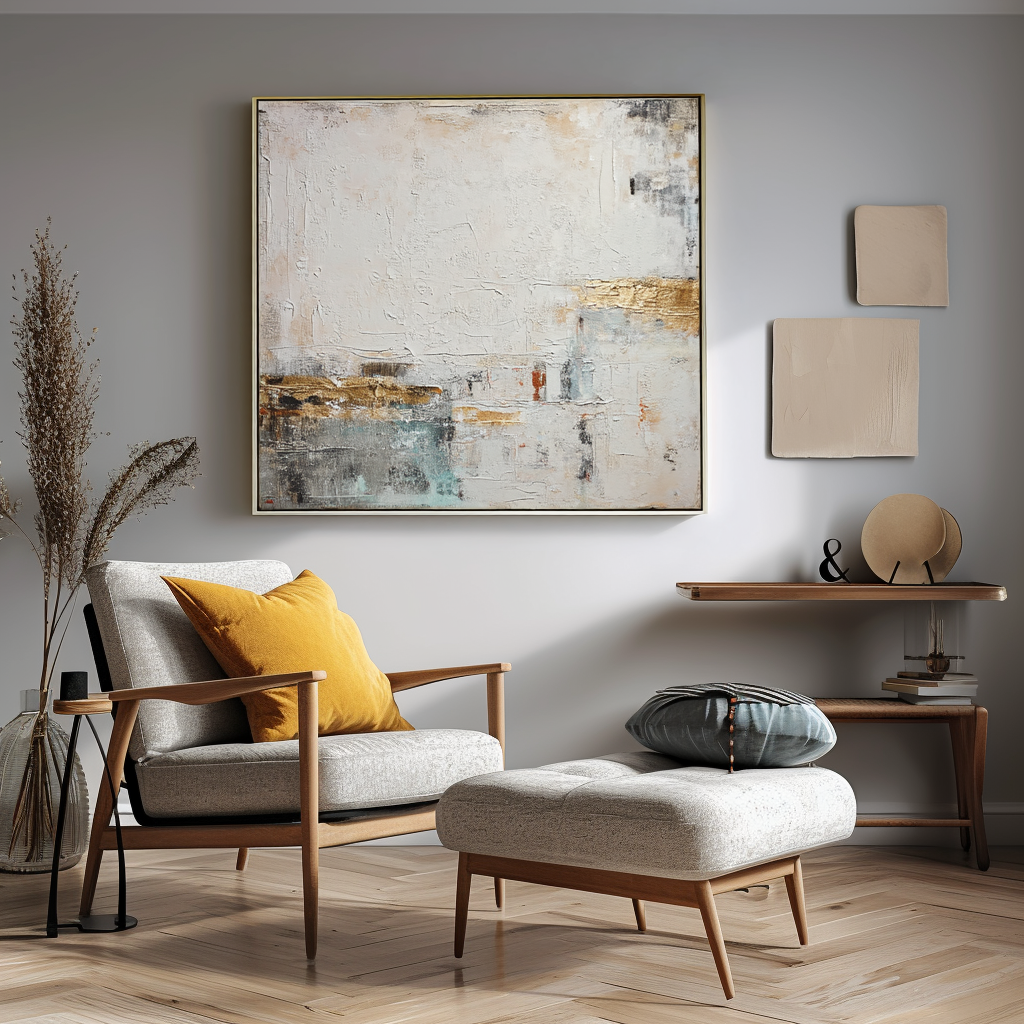 Abstract oil painting with gold accents, soft whites, and cool tones, minimalist modern art