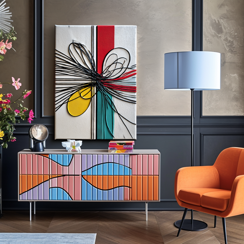 Abstract geometric art with colorful lines and shapes in yellow, red, teal, and black with textured relief.