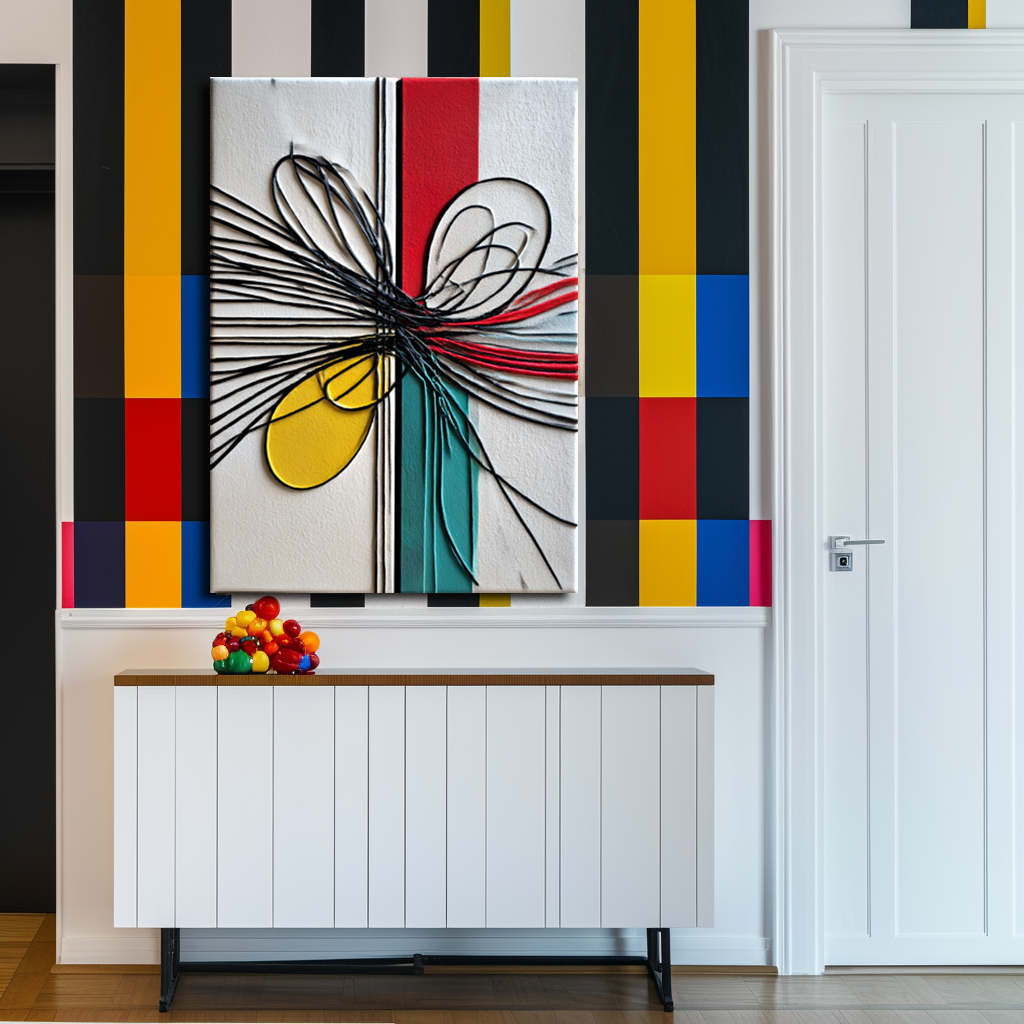 Abstract geometric art with colorful lines and shapes in yellow, red, teal, and black with textured relief.