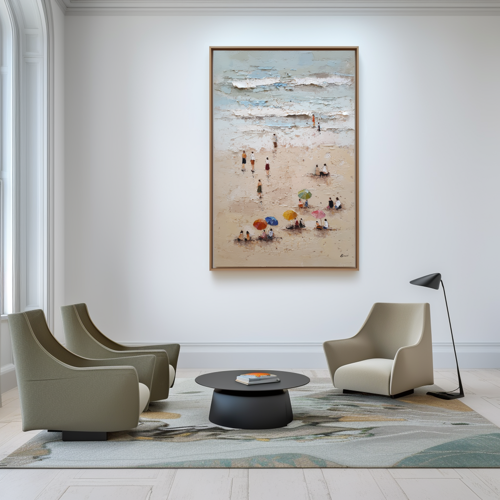 Textured coastal beach scene oil painting with colorful umbrellas and people.