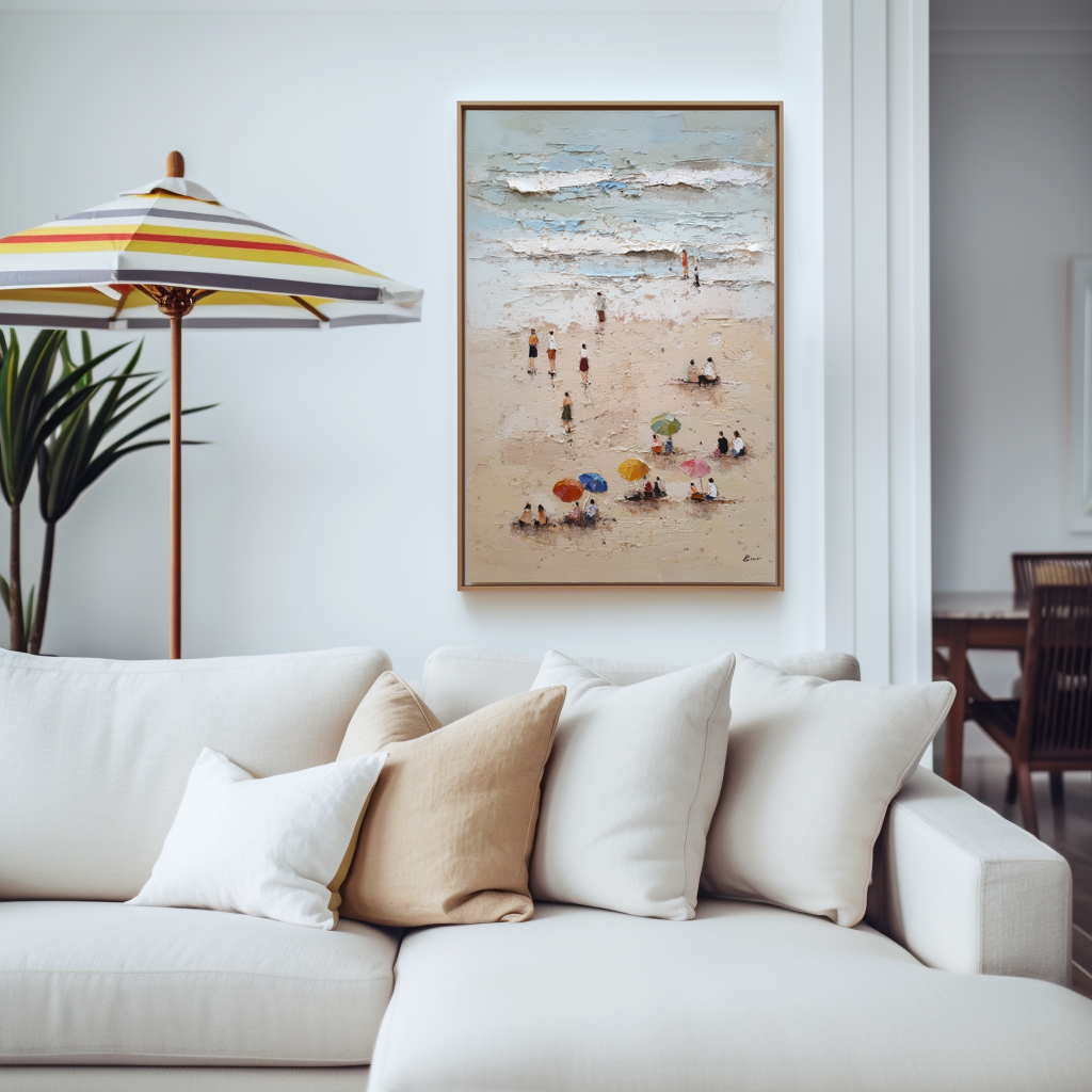 Textured coastal beach scene oil painting with colorful umbrellas and people.