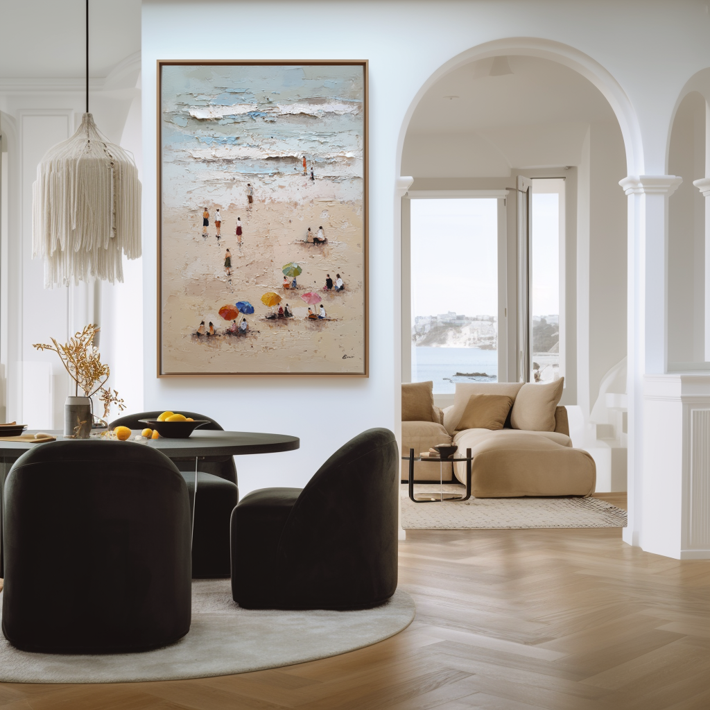 Textured coastal beach scene oil painting with colorful umbrellas and people.