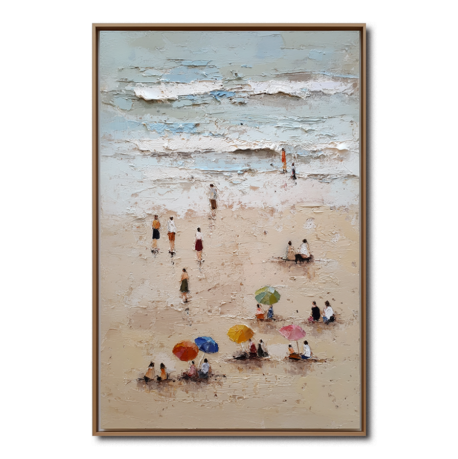 Textured coastal beach scene oil painting with colorful umbrellas and people.