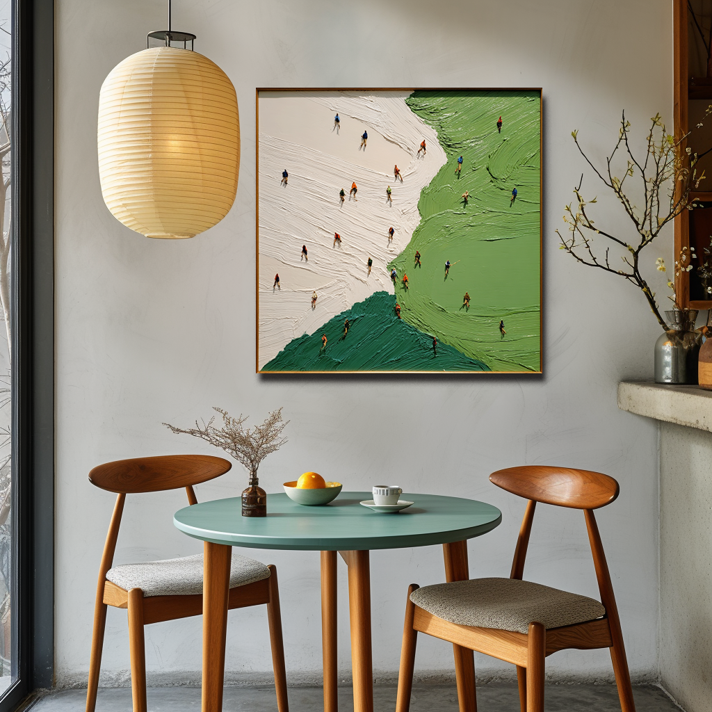 Textured abstract landscape painting with small people walking on green and beige fields