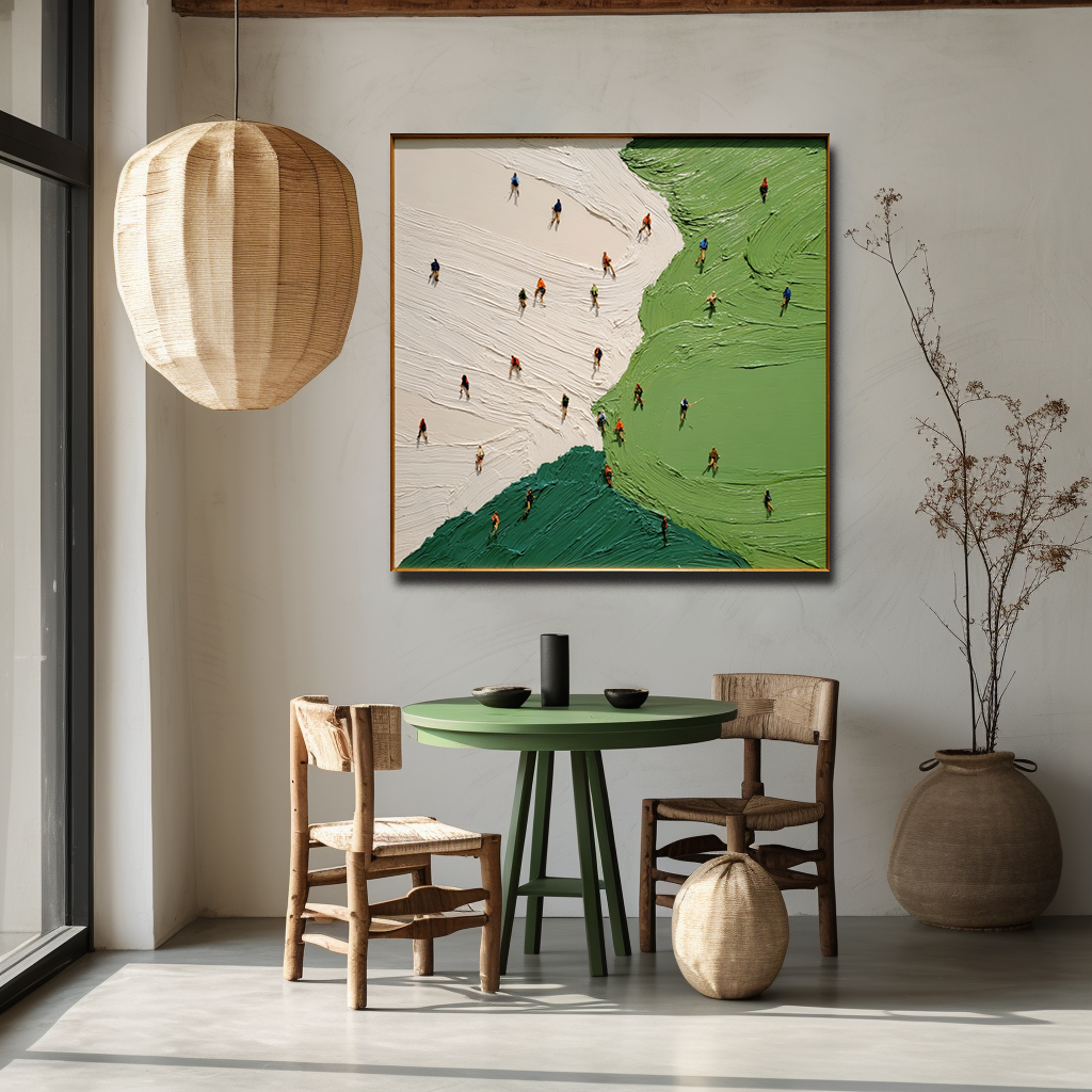 Textured abstract landscape painting with small people walking on green and beige fields