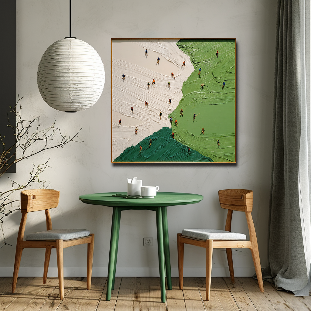 Textured abstract landscape painting with small people walking on green and beige fields