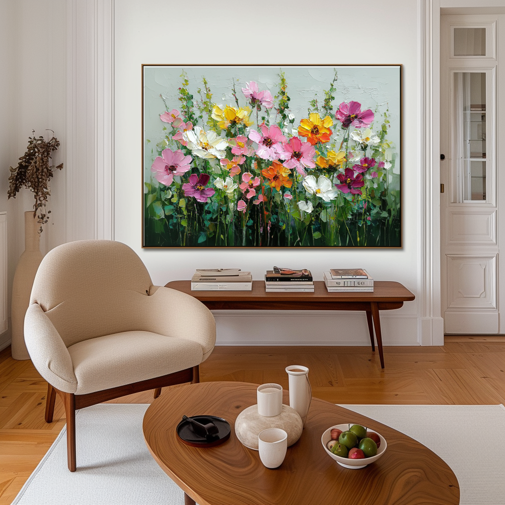Impasto painting of colorful flowers in a garden with pink, yellow, and white blooms on a gray background.