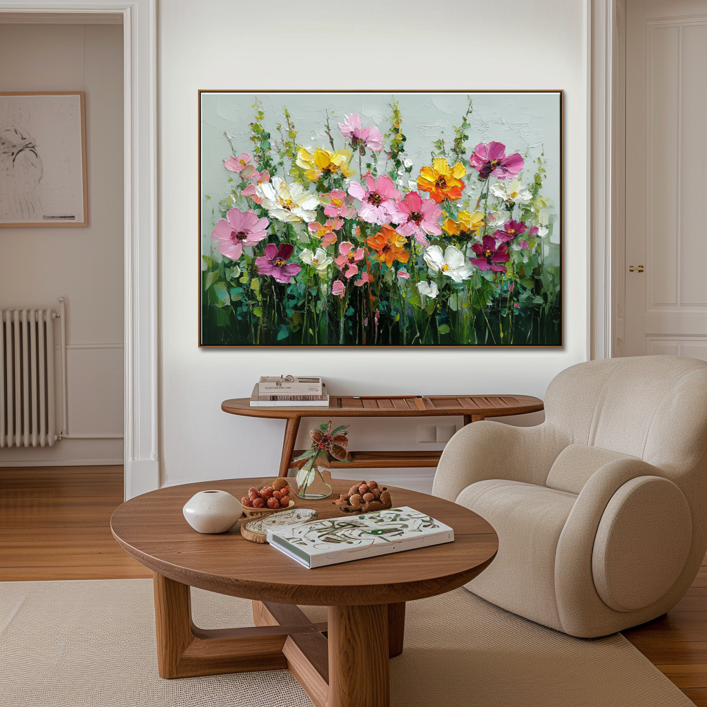 Impasto painting of colorful flowers in a garden with pink, yellow, and white blooms on a gray background.