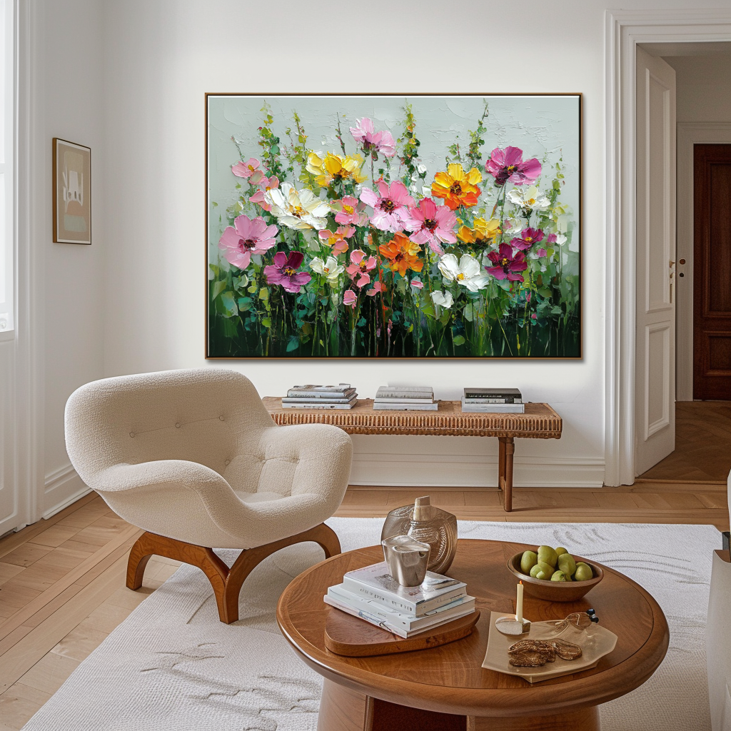 Impasto painting of colorful flowers in a garden with pink, yellow, and white blooms on a gray background.