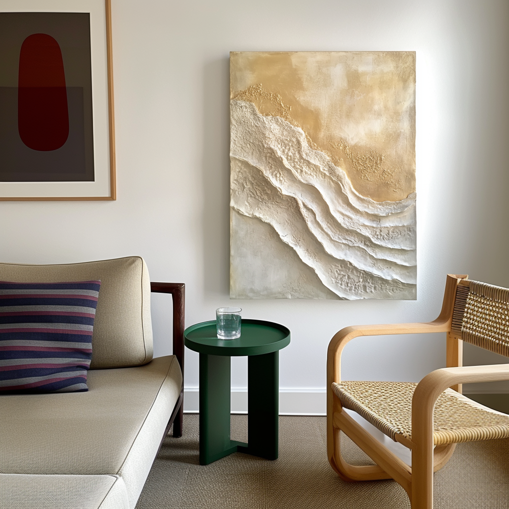 Minimalist gold and white textured abstract painting with layered 3D surface