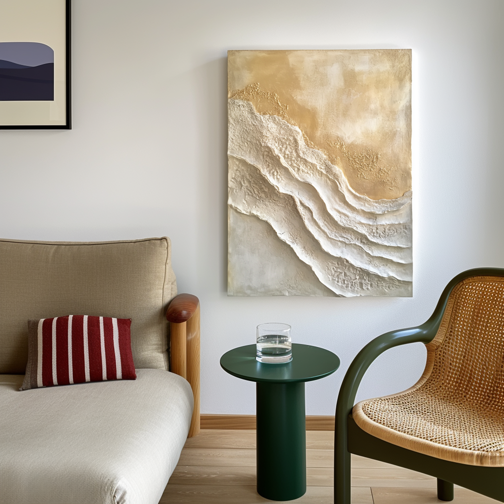 Minimalist gold and white textured abstract painting with layered 3D surface