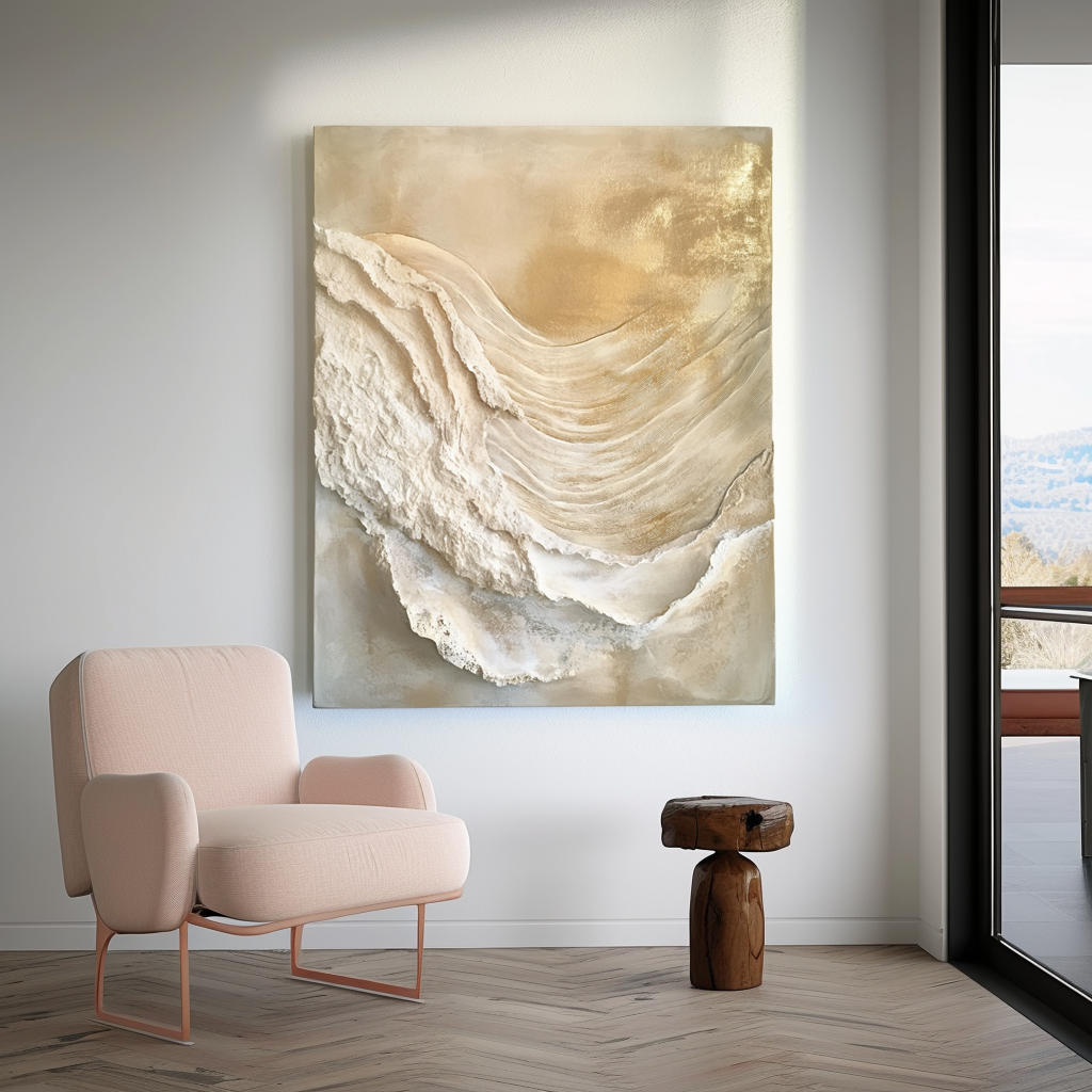 Golden textured abstract wall art with flowing raised layers and soft shine.