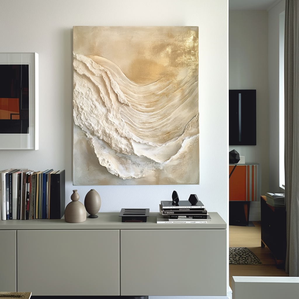 Golden textured abstract wall art with flowing raised layers and soft shine.