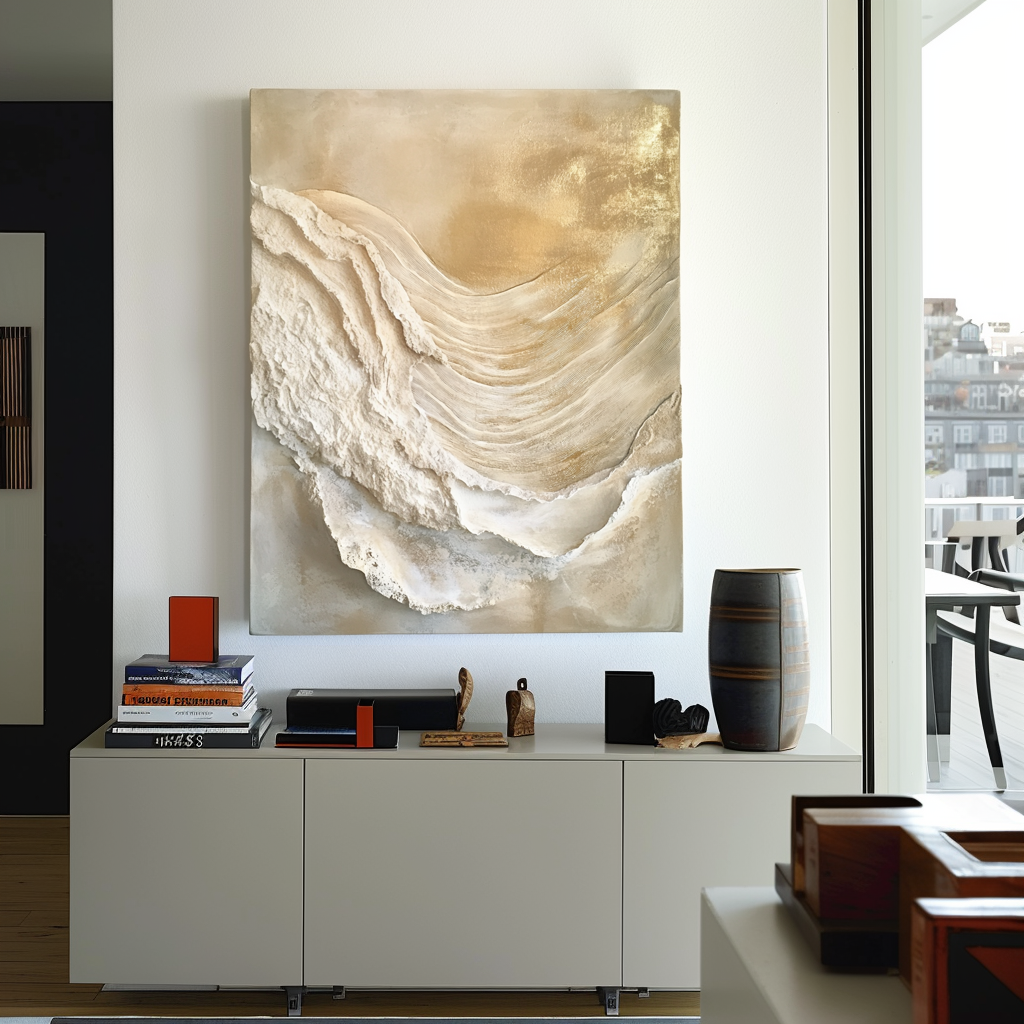 Golden textured abstract wall art with flowing raised layers and soft shine.