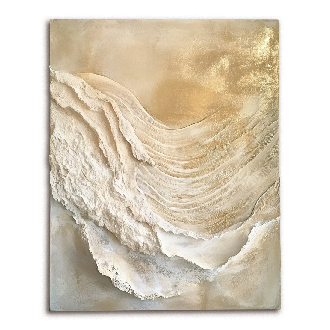 Golden textured abstract wall art with flowing raised layers and soft shine.