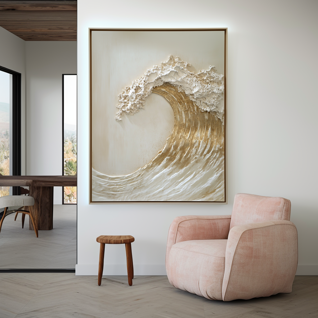 Golden textured ocean wave wall art with raised foam and sculpted details.
