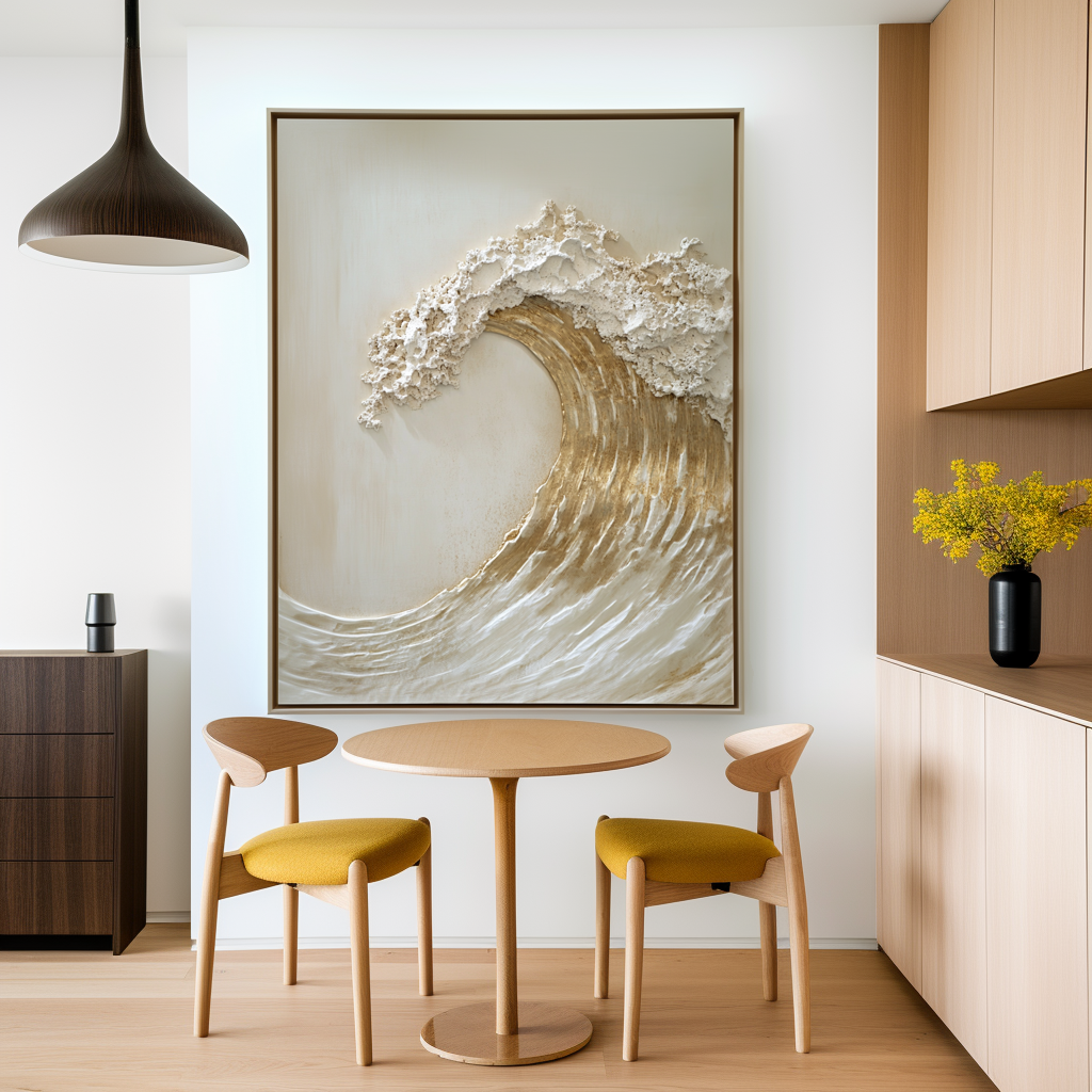 Golden textured ocean wave wall art with raised foam and sculpted details.