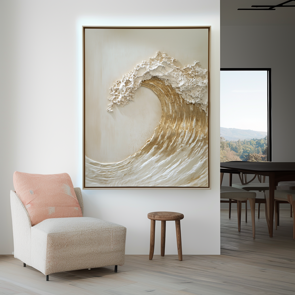 Golden textured ocean wave wall art with raised foam and sculpted details.