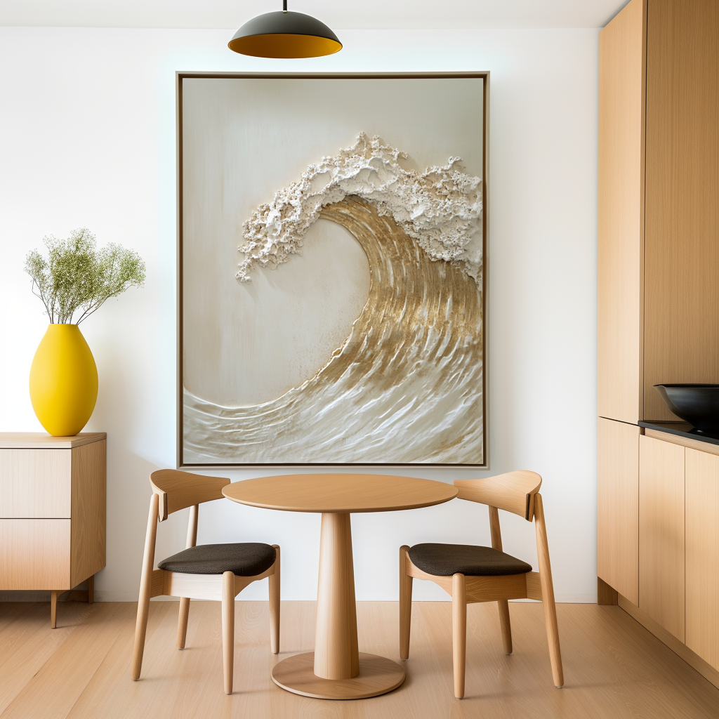 Golden textured ocean wave wall art with raised foam and sculpted details.