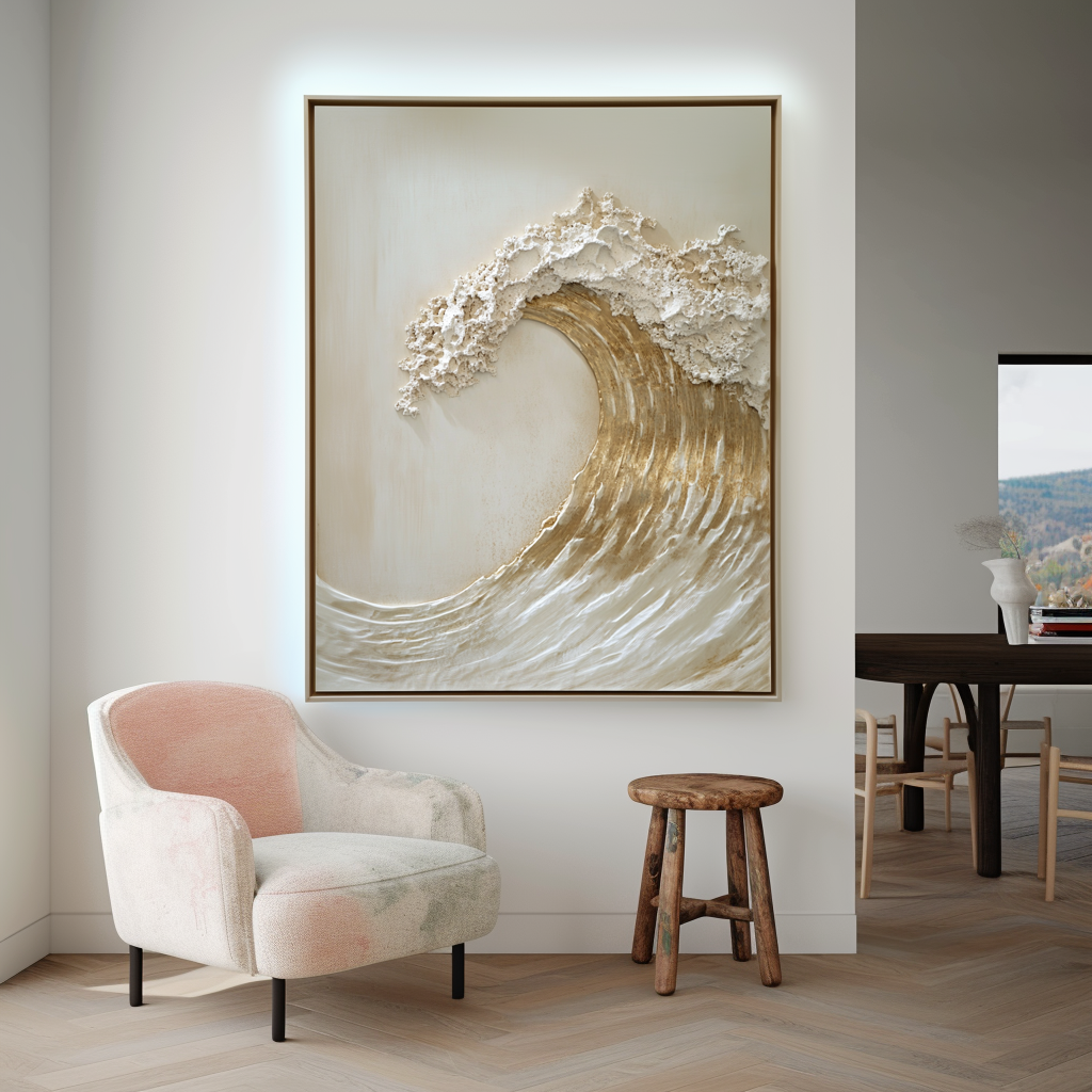 Golden textured ocean wave wall art with raised foam and sculpted details.