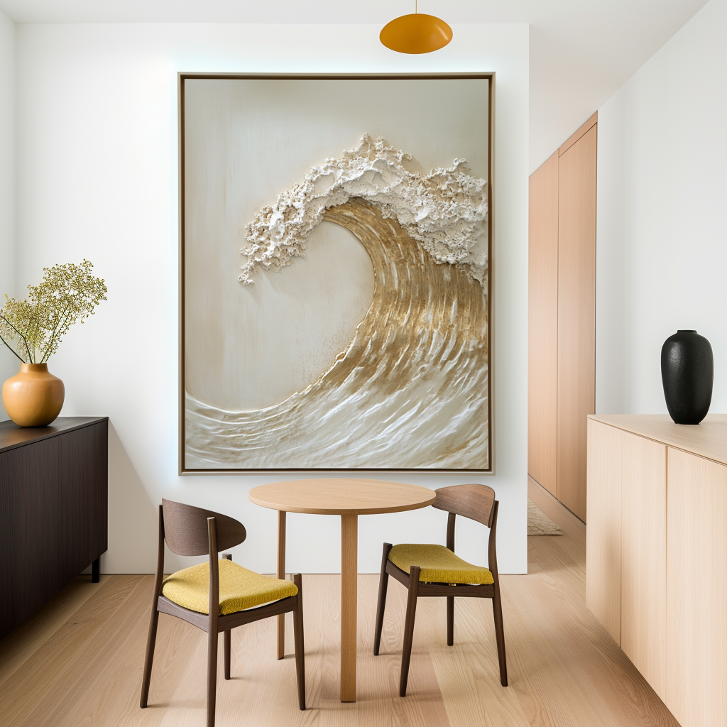 Golden textured ocean wave wall art with raised foam and sculpted details.